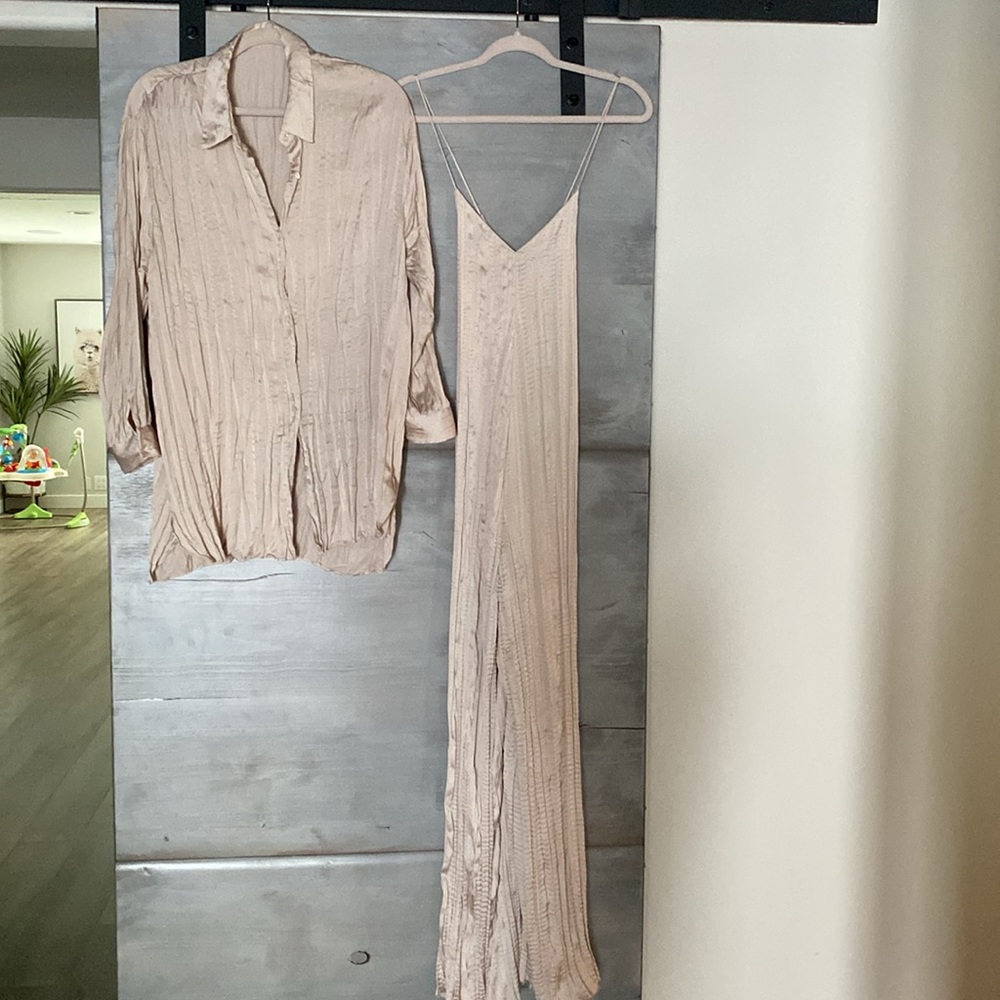 Zara wrinkled Effect Satin Jumpsuit and Over Size shirt.